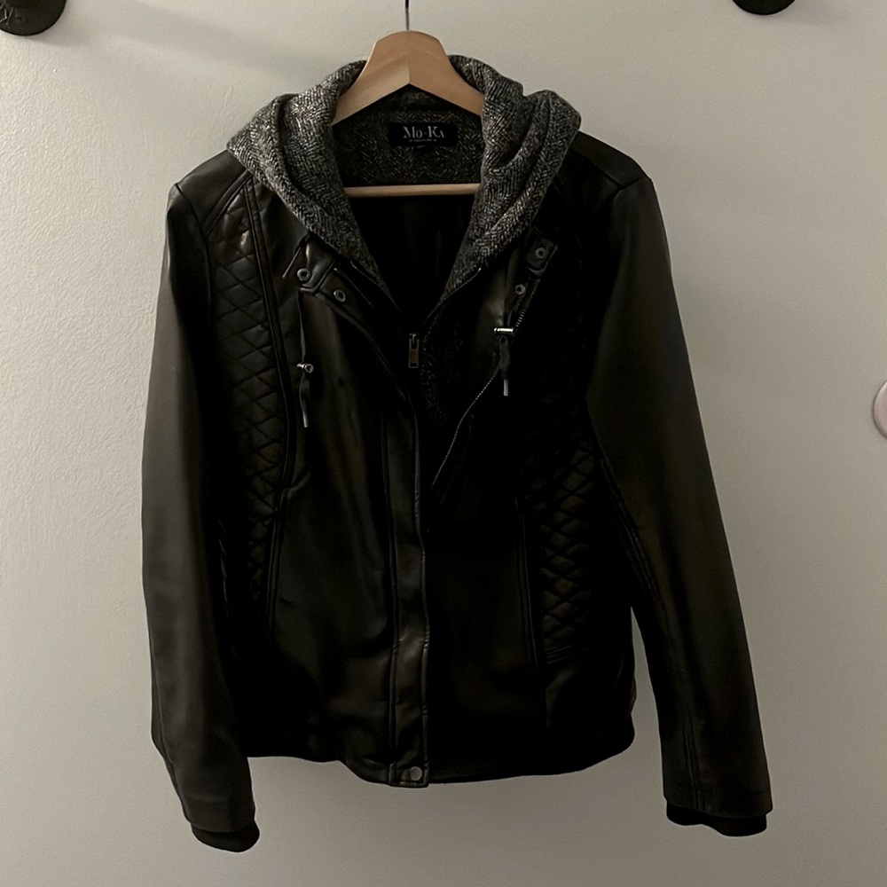 Mo-ka dark gray/black faux leather jacket with gray knit hood